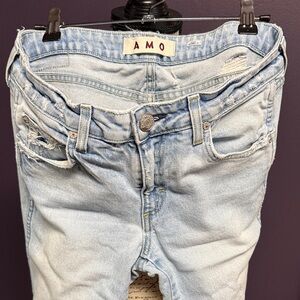 AMO Light Wash Boyfriend Jeans with Distressed Details - Light Blue